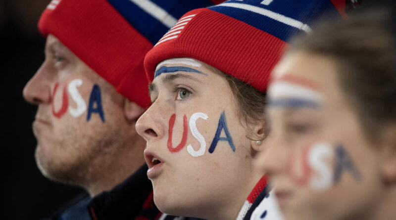 MELBOURNE, AUSTRALIA - AUGUST 6: USA fans wear face paint in the colors of the USA flag to support their team during the FIFA Women's World Cup (Photo by Joe Prior/Visionhaus via Getty Images)