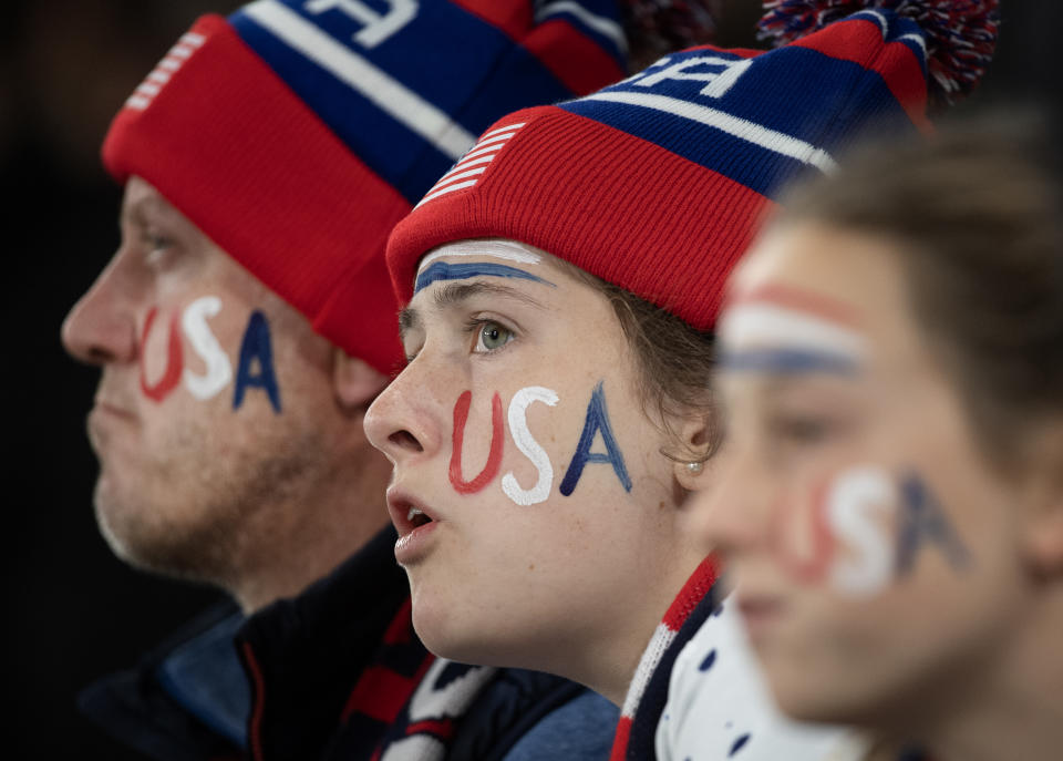 MELBOURNE, AUSTRALIA - AUGUST 6: USA fans wear face paint in the colors of the USA flag to support their team during the FIFA Women's World Cup (Photo by Joe Prior/Visionhaus via Getty Images)